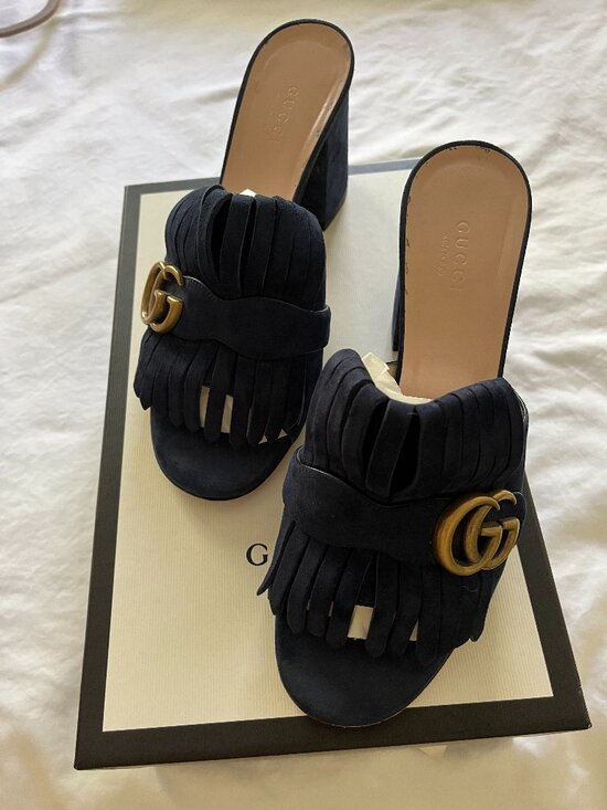 Gucci Shoes - Gucci GG Marmont Fringe Suede Mule Sandals Blue Ink 38.5 w/ Box Dust Bag